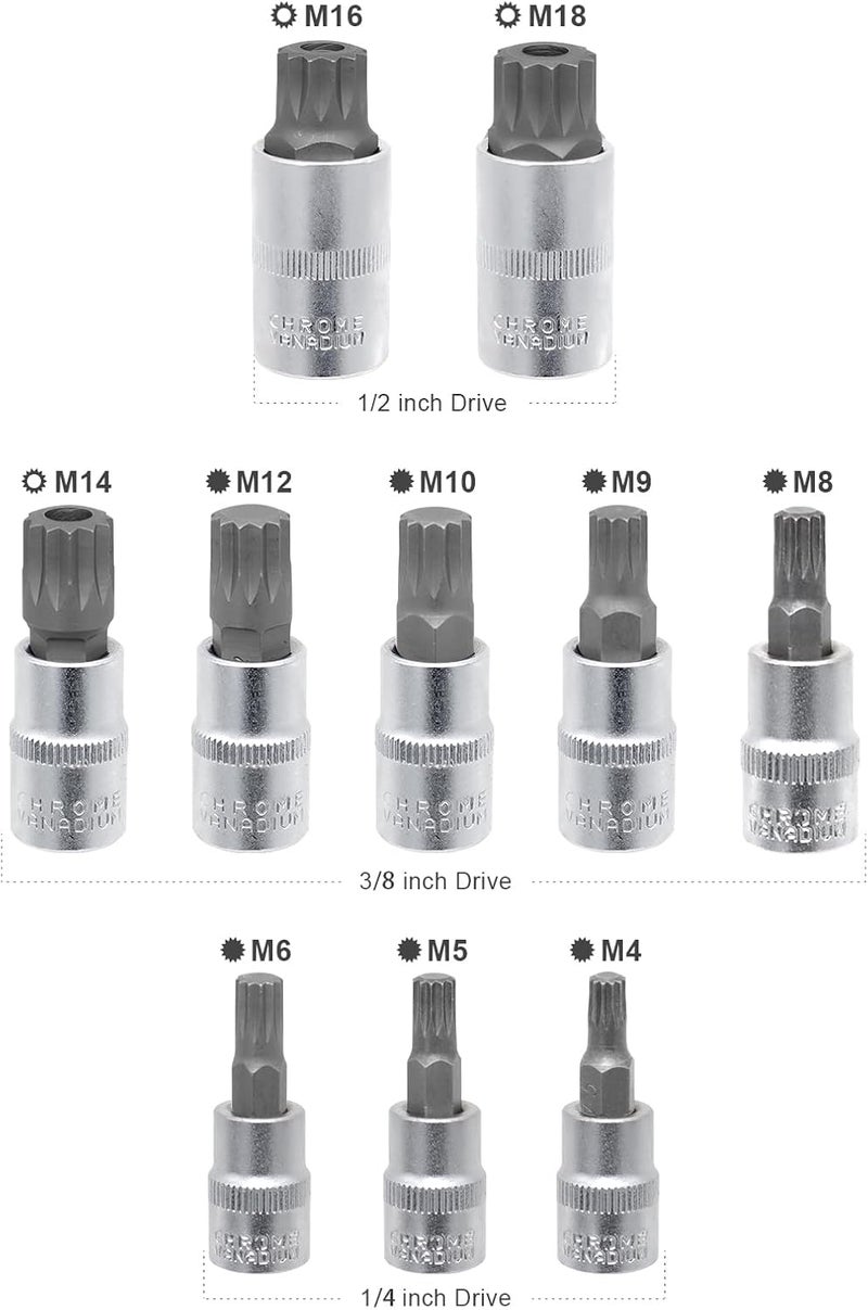 DAZCOS Triple Square Spline Bit Socket Set 10pcs Silver M4 - M18, Premium S2 Alloy Steel, 1/4” 3/8” 1/2” Drive - Image 2